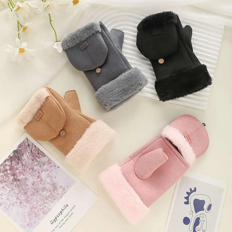 

New Warm Gloves Female Students Autumn And Winter Cute Plus Velvet Thick Plush Flip Cover Office Touch Screen Finger Flip Gloves