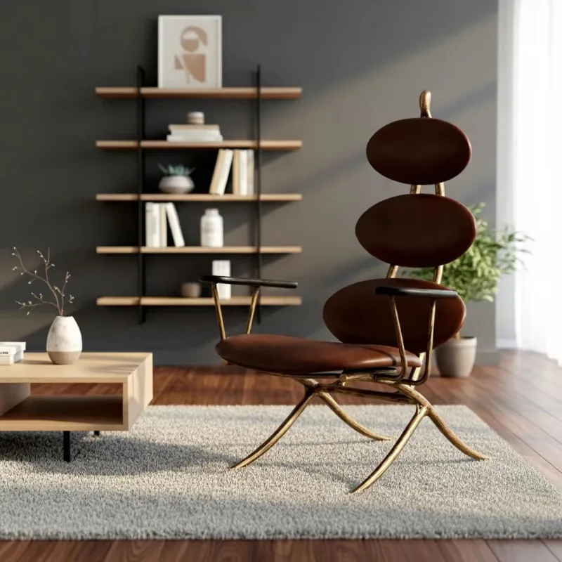 Modern gold metal frame living room furniture leather casual armchair