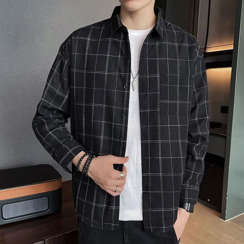 Men Vintage Classic Plaid Appliques Pocket Shirts Autumn Trendy Lapel Long Sleeve Loose Tops Casual Streetwear Camisas De Hombre