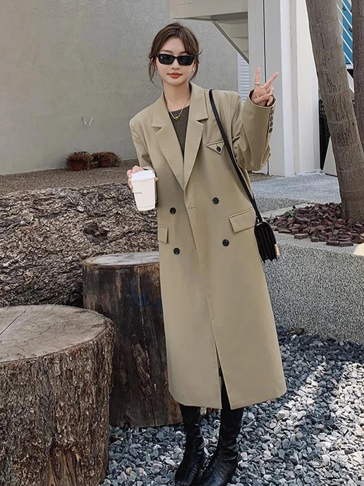 LANMREM Long Trench Coat For Women 2024 Spring New Solid Color Notched Double Breasted Fashion Windbreaker Streetwear 2R6701