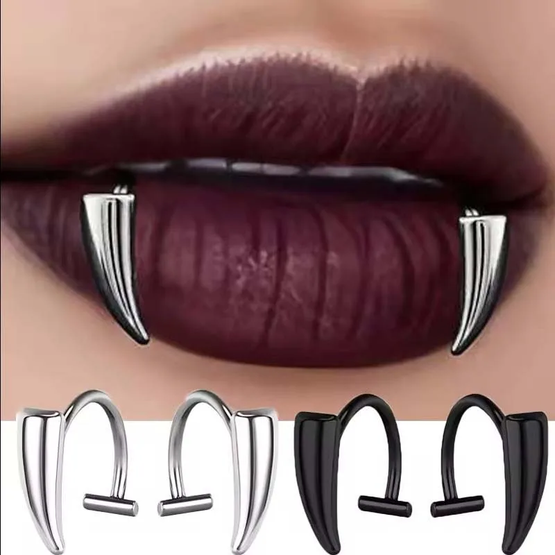 Clip de labio con dientes afilados góticos de acero inoxidable para mujeres y hombres, Piercing corporal falso Punk sin perforación, accesorios de joyería de Halloween