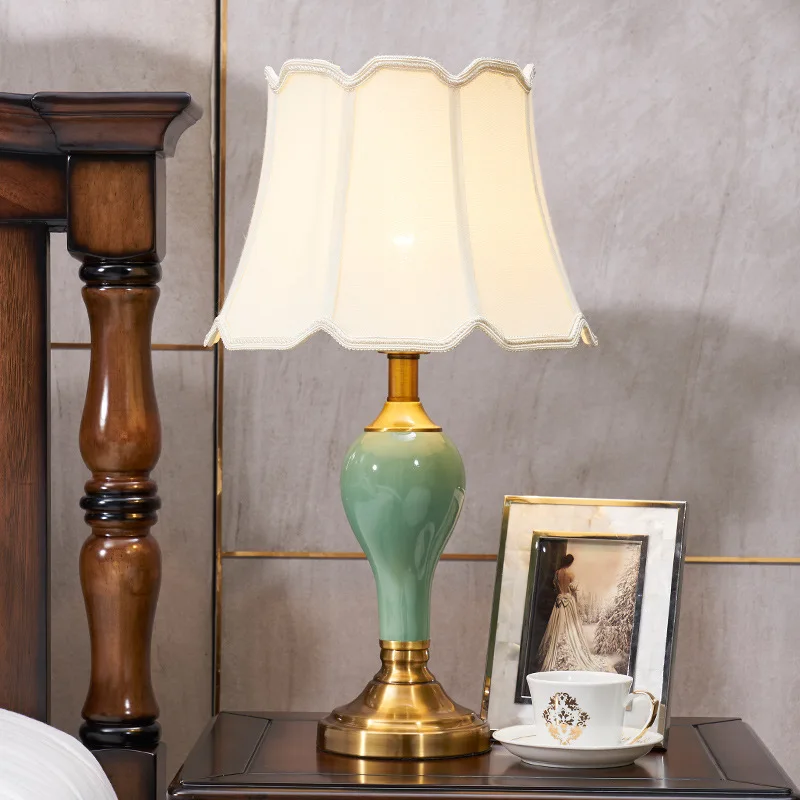 

European Simple Green Ceramic Table Lamp Warm White Copper Desk Light Bedroom Living Room Study Decor LED E27 Lighting Fixture