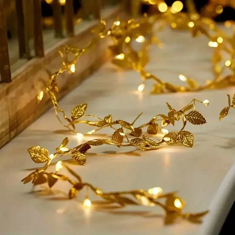 Golden Leaf Garland Fairy Lights String Lighting, Battery Operated  Elegant Decoration for Home Weddings Artificial Plant Decor