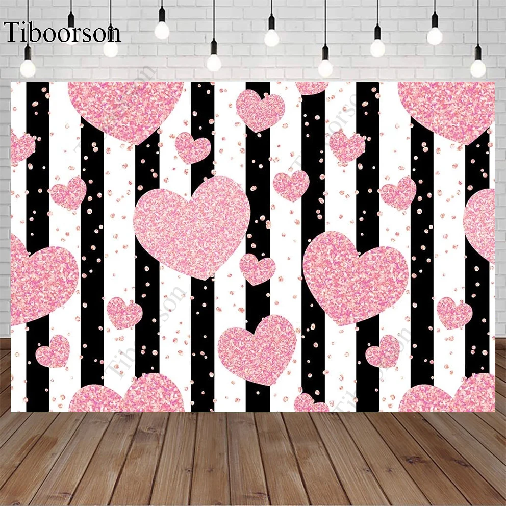 

Glittering Pink Love Hearts Photography Background Baby Photo Booth Backdrop Black Stripes Photo Studio Valentines Day Wallpaper