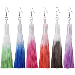 Bohemian Colorful Tassel Long Dangle Drop Earrings For Women Girls Ethnic Vintage Silk Fabric Hanging Fashion Jewelry Wholesale