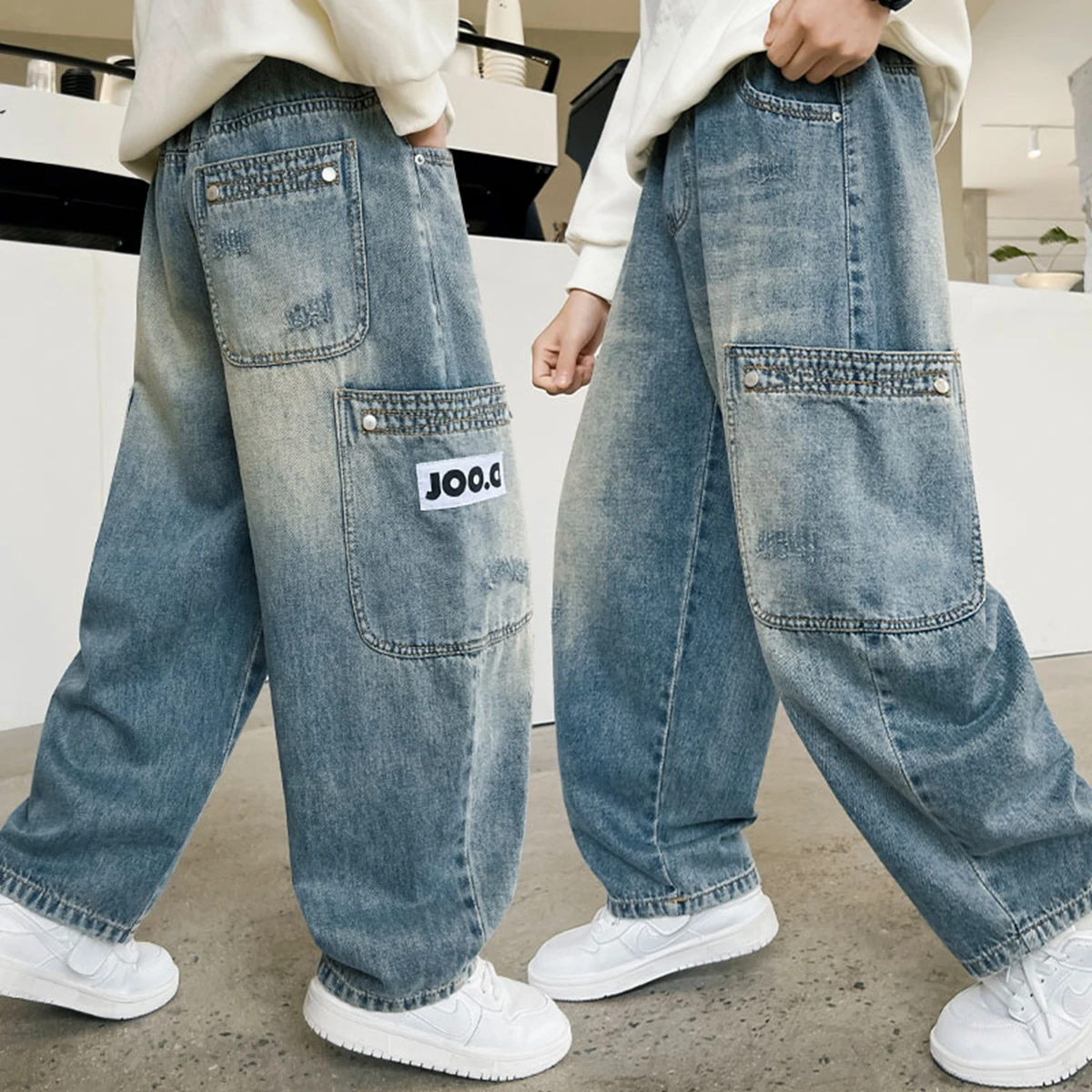Trendy Boys Teenager Loose Fit Denim Jeans Casual Ripped Kids Long Trousers Korean Style Cotton Blend for Autumn Spring
