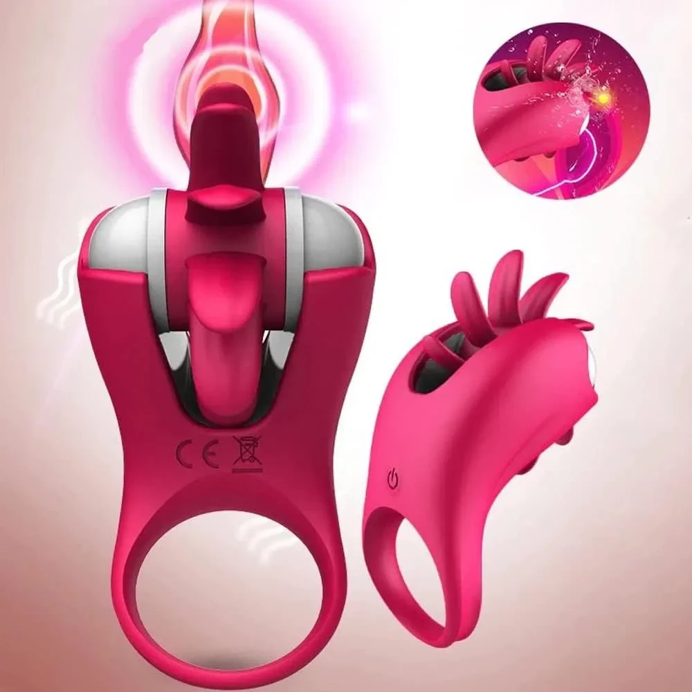 Silicone Penis Ring Delayed Ejaculation 10 Modes Rotating Tongue Licking Clit Stimulator Female Masturbator Cock Ring Sex Toys 2
