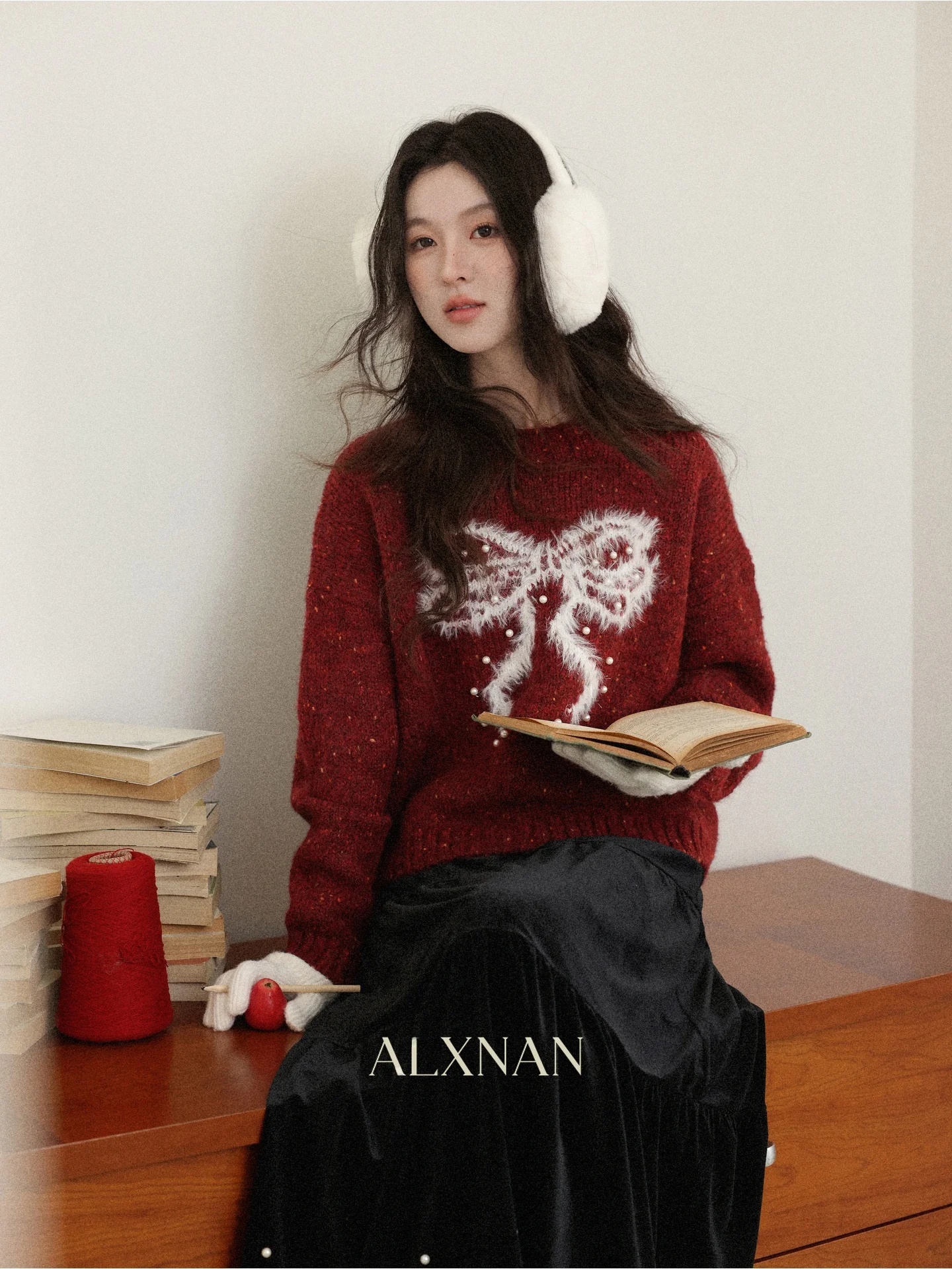 

Loose Long Sve Cisas Red Knitted Sweater Women's Autumn Winter Layering Warm Top Ele Sle Lace V-Ne Sweater