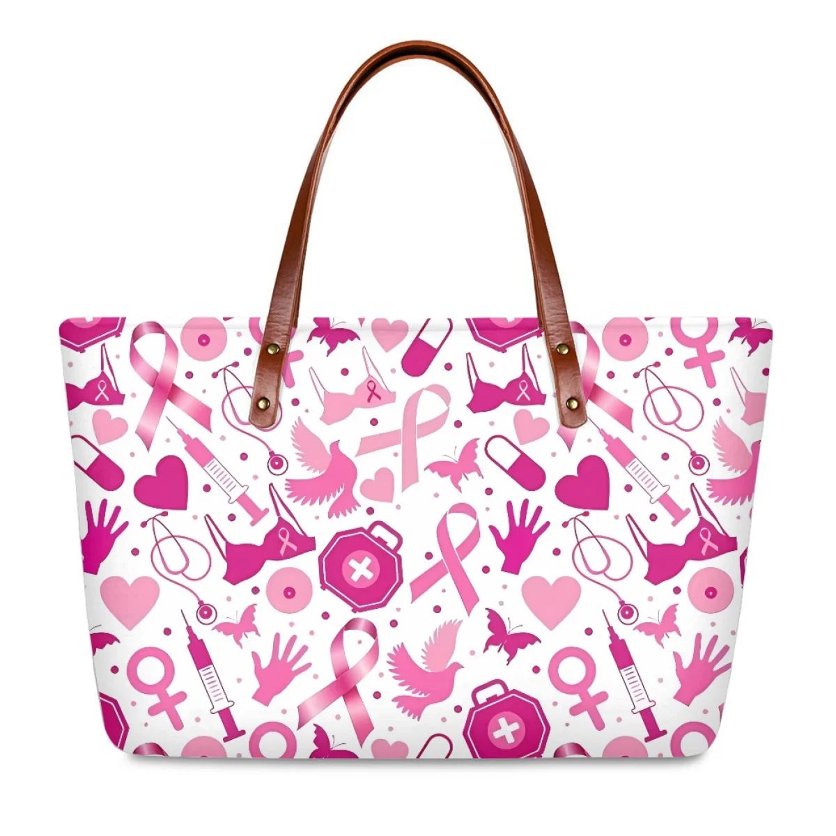 Breast Cancer Awareness Heart Shape and Ribbon Print Women's Handbag Fashion Hot Large Capacity Shopping Shoulderbag Travel Tote