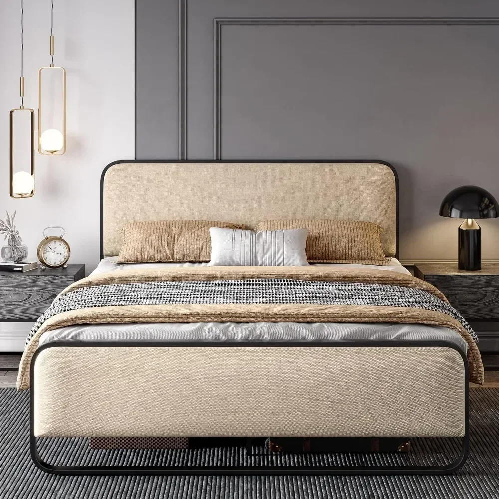 Queen platform metal bed frame, Curved upholstered headboard and footboard, Large under bed storage space, Beige