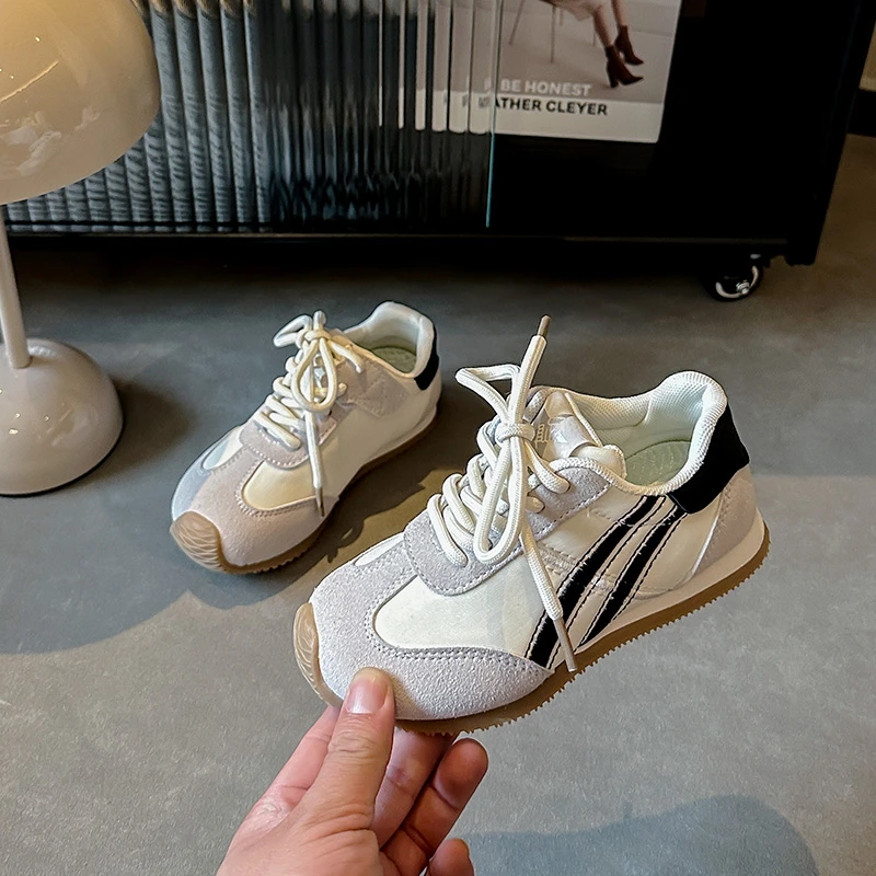 Kids Retro Two Stripes Sneakers Suede Patch Lace Up Round Toe Soft Lining Non Slip Gum Sole Boys Girls Daily Matching Footwear
