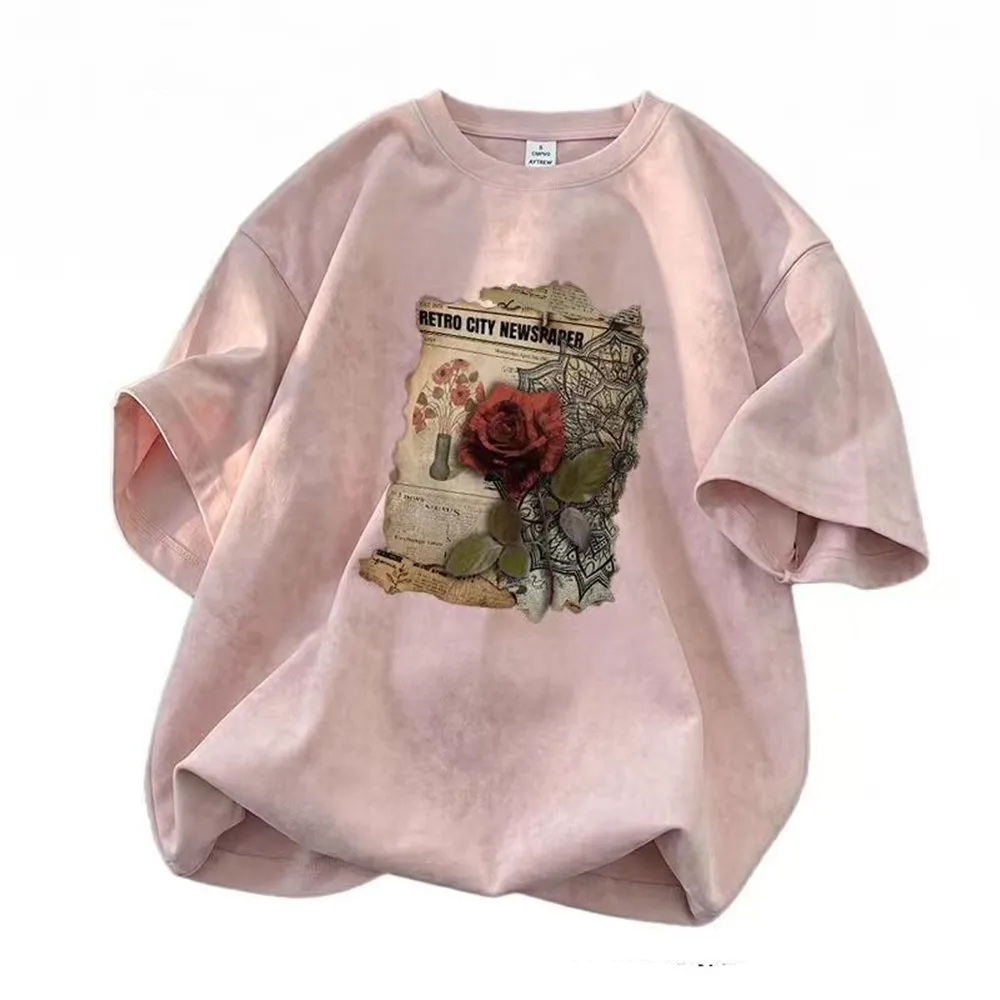 Retro style Tie Dye Short Sleeve T-shirt For Men and Women,  Rose Pattern Trendy Versatile Crew-neck Top Somfortable Casual Wear