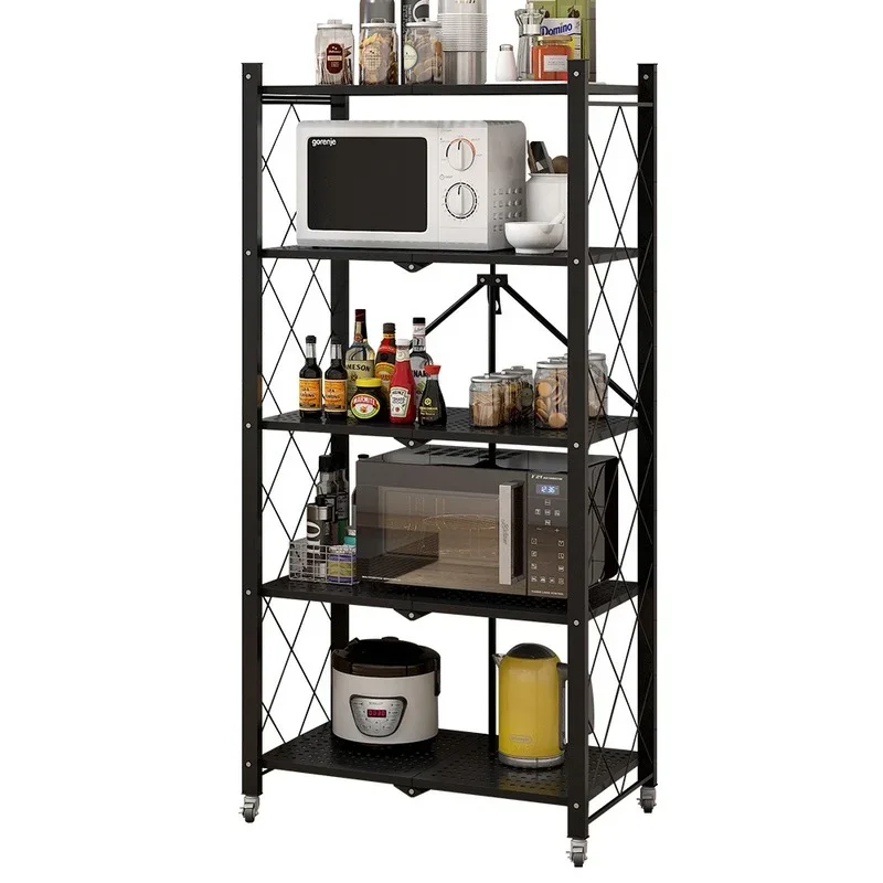 

Kitchen Floor Type Microwave Oven Rack, Multi-Layer, Foldable Mobile with Wheels, Storage Shelf, Free Installation, 5 Layers