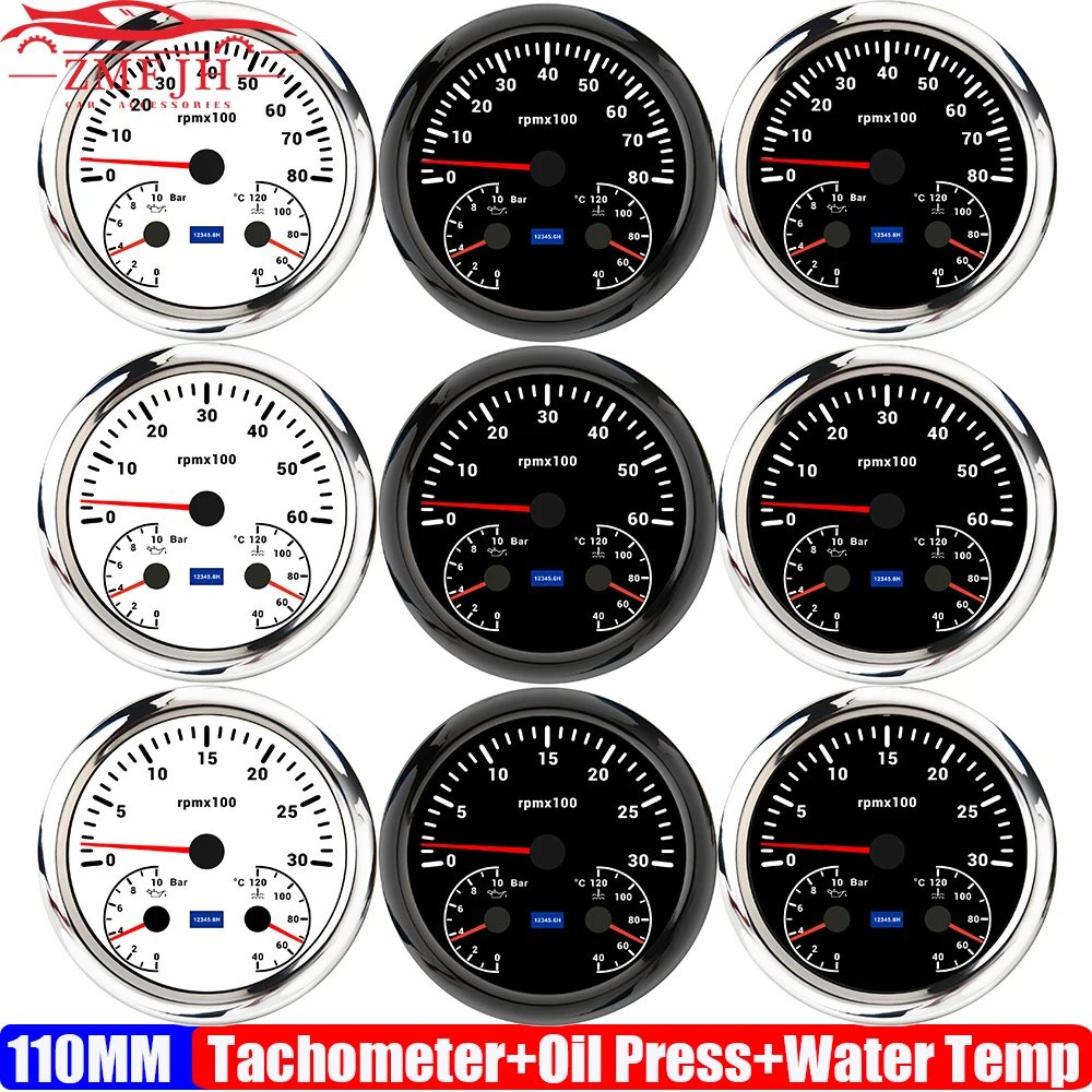 

Multifunctional 3 IN 1 110mm Gauge Red LED 3000-8000RPM Tachometer+Oil Pressure Gauge+Water Temperature Meter 40-120℃ Car Boat