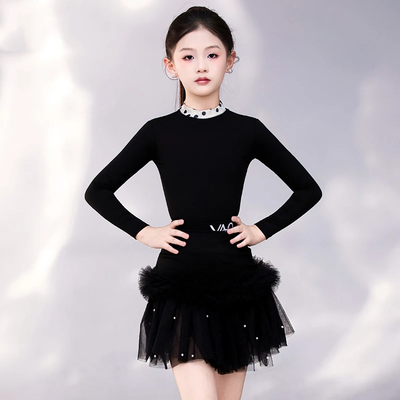 Kinderen Latin Danswedstrijd Kleding Voor Meisjes Zwarte Lange Mouwen Split Rokken Oefenpak Samba Chacha Latin Wear XH3635