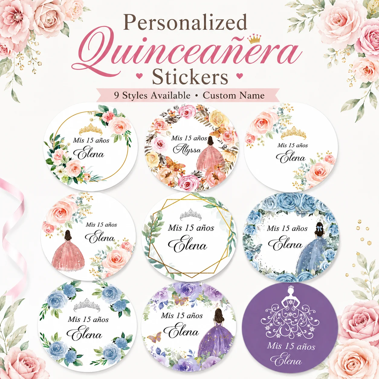 Custom Girl Birthday/Adult Celebration stickers, Gift Tags with Crown and Rose Patterns, DIY Age and Text, Romantic Party Decor