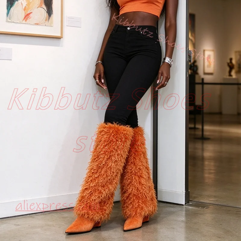 Curly Furry Knee High Boots Pointed Toe Block Heel Fluffy Shaggy Grunge Winter Street Footwear Women Trendy Goth Outerwear Shoes