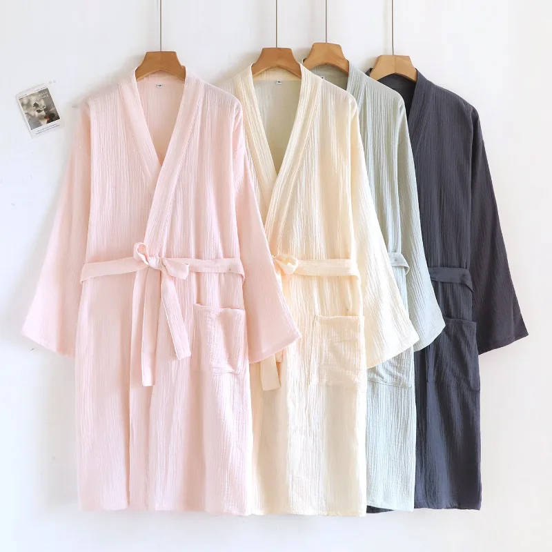 Soft Double Gauze Kimono Robe Women Washed Cotton Spa Bathrobe V Neck Minimalist Loungewear Breathable Solid Color Home Robe