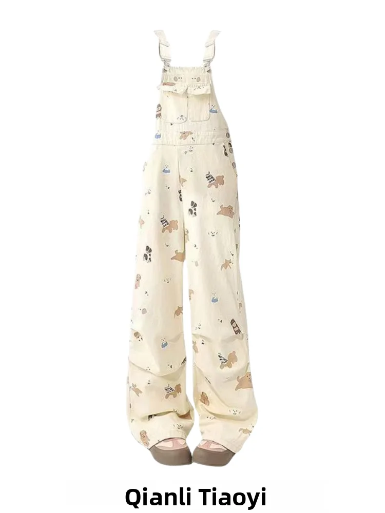 Dopne Bear Cartoon Print Denim Overalls Women's Loose Slim Wide Leg Jumpsuit Casual High Waist Long Pants Wear Resistant