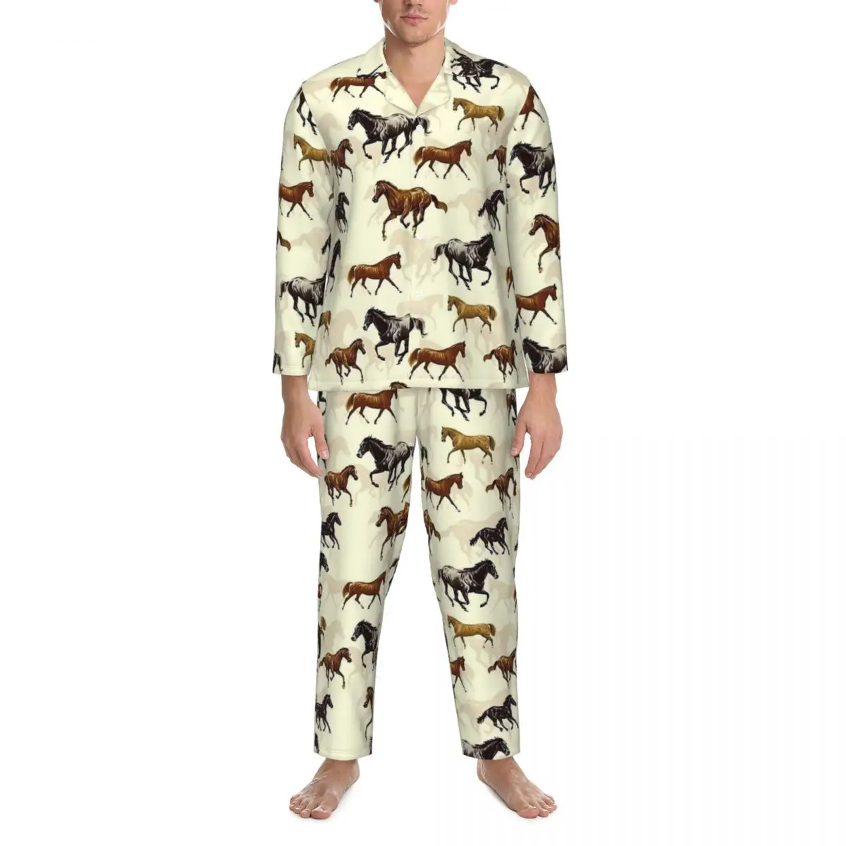 Pajamas Man Horse Painting Room Sleepwear Animal Print 2 Pieces Casual Pajama Set Long Sleeve Fashion Oversized Home Suit