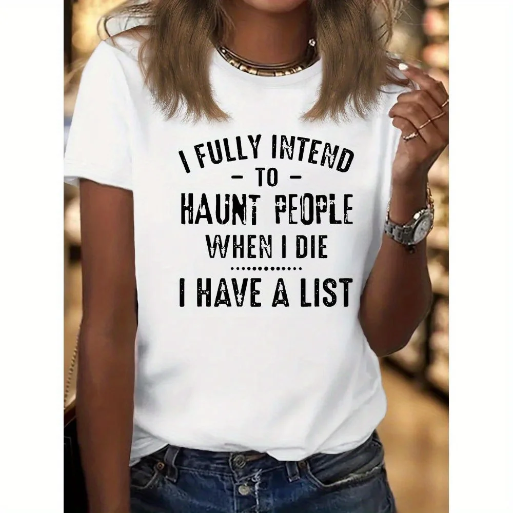 

Plus Size HAUNT PEOPLE Letter Print Women Crew Neck T Shirt, Casual and Trendy Graphic Tee, Spring & Summer Top 0XL-4XL