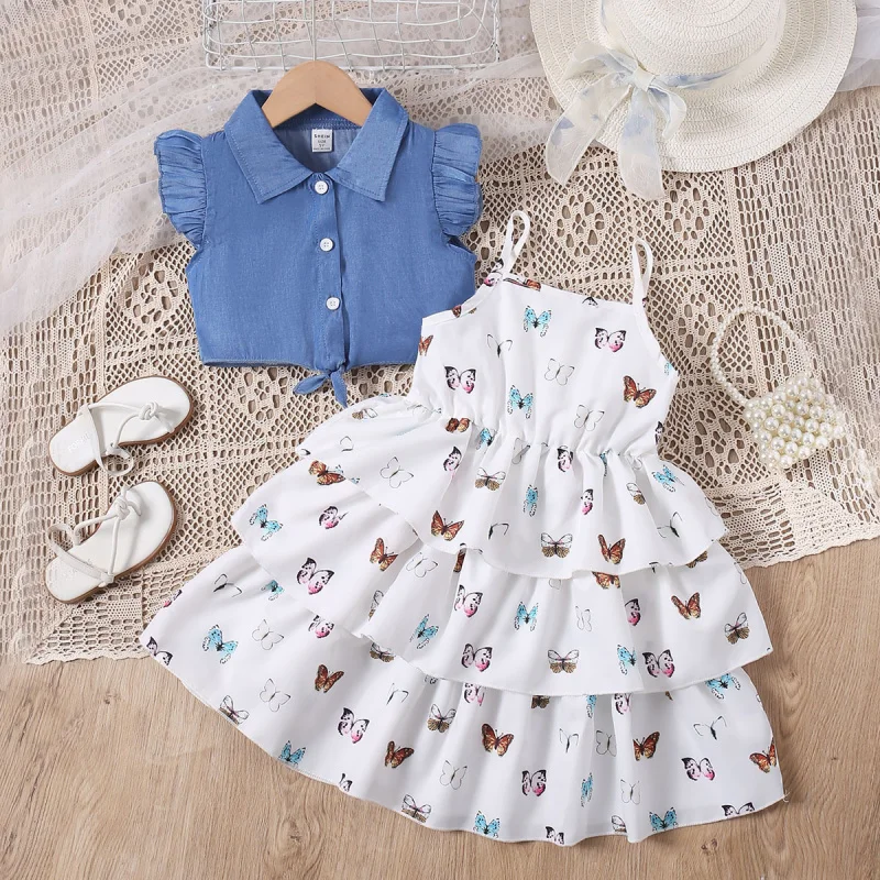 

Exclusively for YouXiao Feixiu Denim Vest+Girls' Two-Piece Outfit: Strap Dress and Cake Skirt