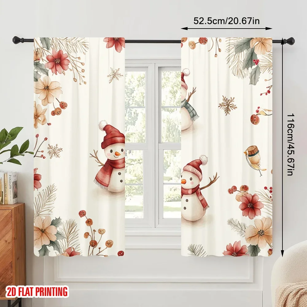 2pcs,2D plane printing Light Filtering Curtains Cute Snowmen And Bird Border (2) Versatile Polyester Fabric (without rod)