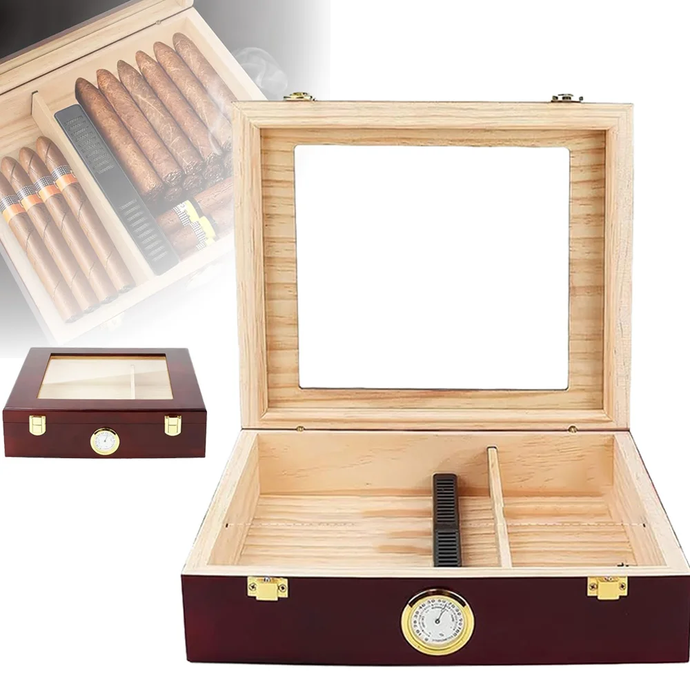 Umidificatore per Sigari di Grande Capacità, Humidor Artigianale con Divisorio, Scatola per la Conservazione del Tabacco, Regalo per Uomo (25-50 Sigari)