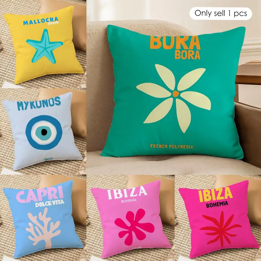 Tropical Coastal Throw Pillow Cover Bora Bora Mallorca Beach Flower Starfish Print Square Linen Cushion Cover No Insert Hidden Z