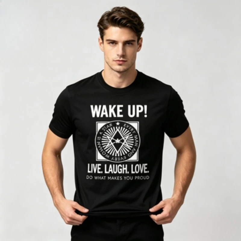 Vintage Mysterious Style Men’s Modal T‑Shirt Round Neck Wake Up Slogan Graphic Print Live Laugh Love Text Art Short Sleeve Daily