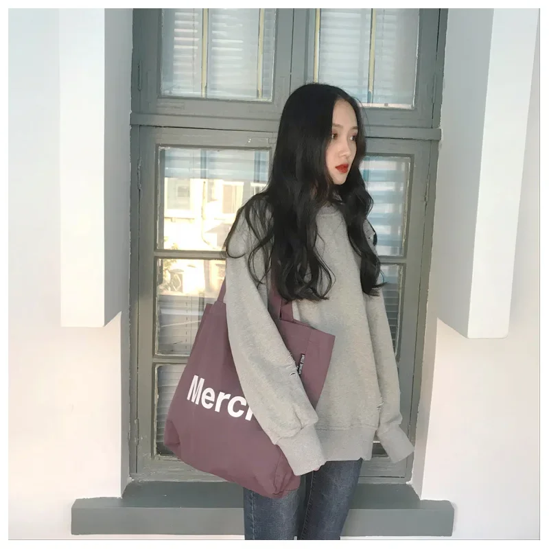 Girls Bag Canvas Tote Bag Letter Casual Solid Letter OPEN SOFT Shoulder Bag Handbag High-Capacity Sjopping Bag Simple Merci