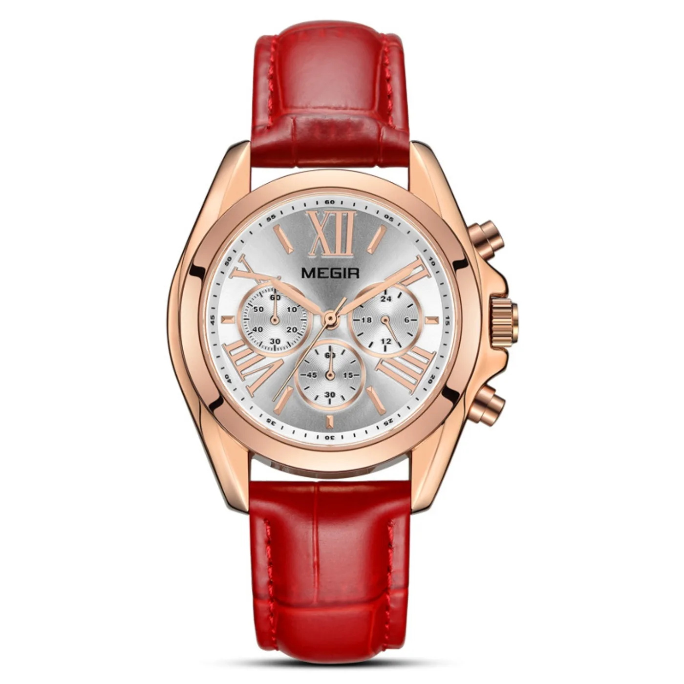 MEGIR New Luxury Leather Watch Women Female Top Brand Chronograph Quartz Wristwatch Lady Relogios Femininos Clock 2114 White view 3