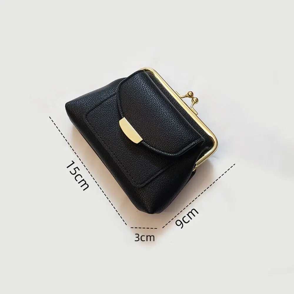 Retro Lychee Pattern Mini Lock Clip Coin Purse Solid Color Compact Bifold Key Bag Coin Holder PU Leather Clutch Coin Purse