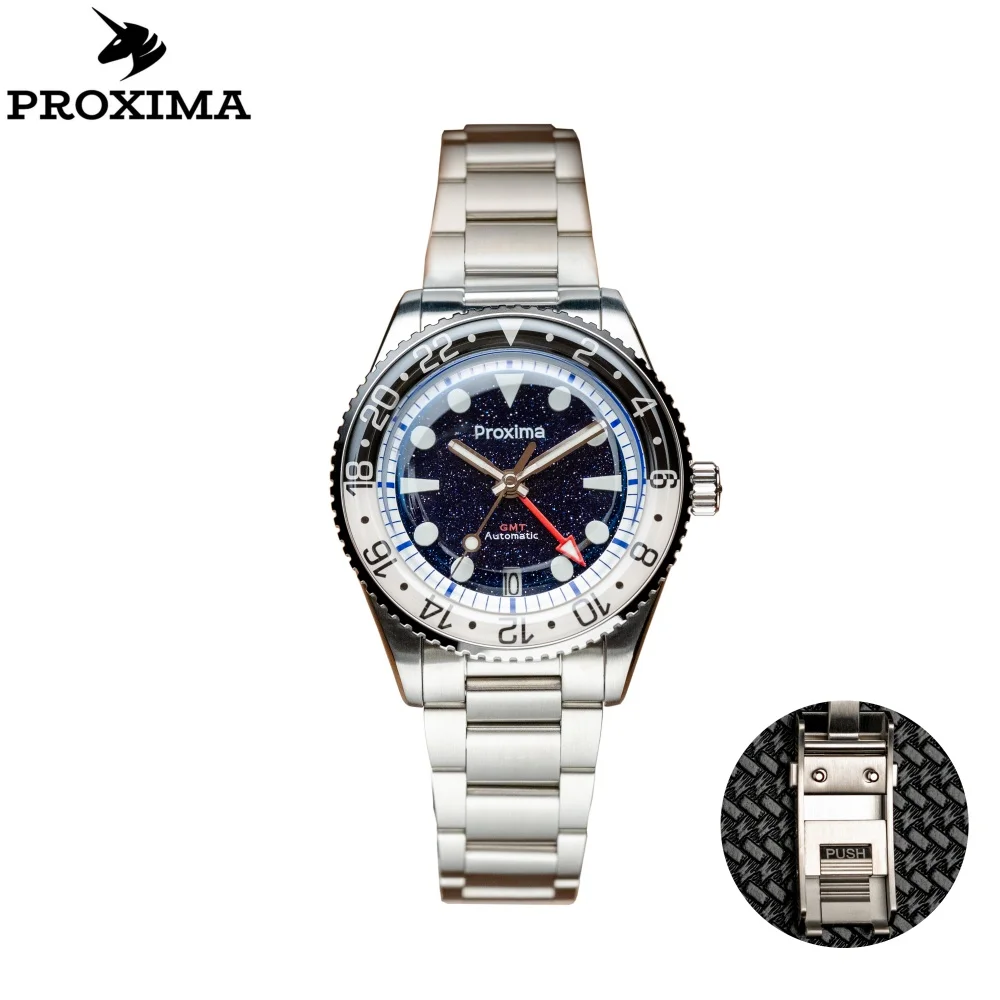 Proxima PX1720 39mm NH34 GMT Men Luxury Watch Aventurine Gemstone Dial Automatic Mechanical Sapphire 200M Waterproof Luminous