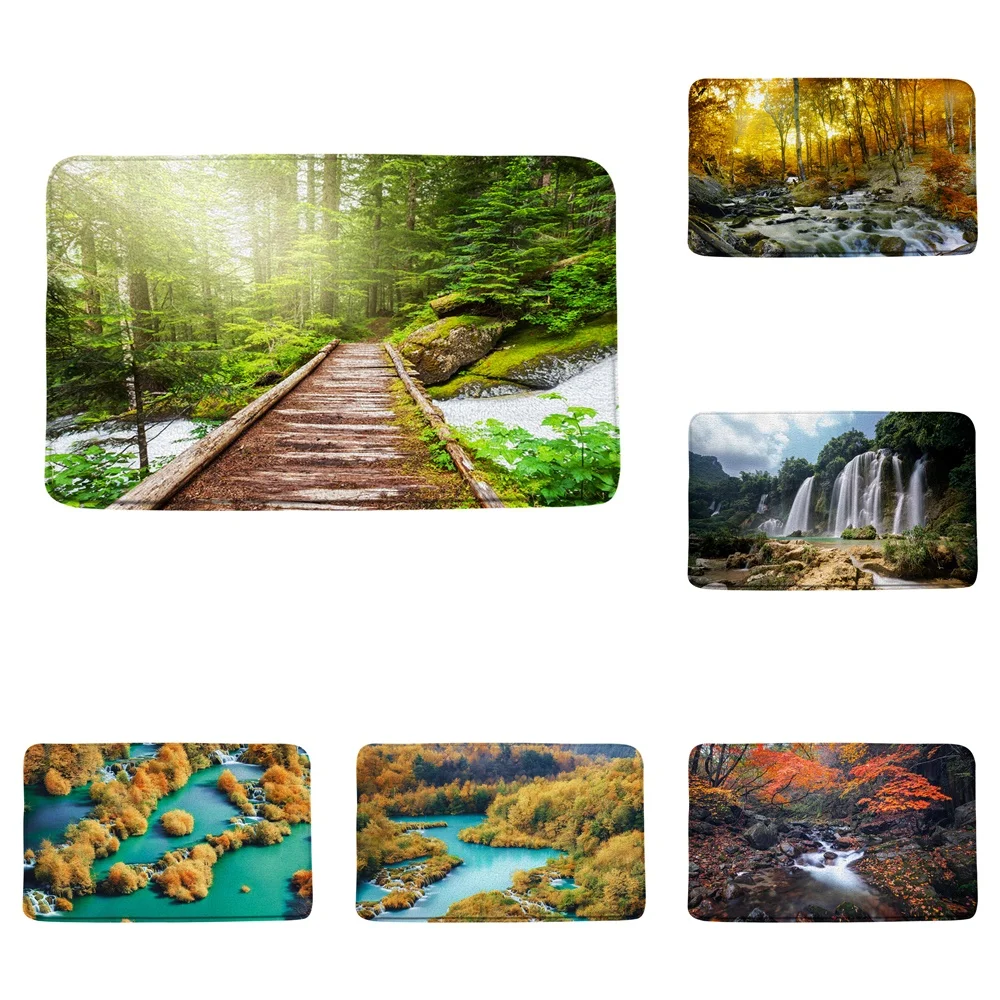 

Green Forest Stream Bathroom Mat Non-Slip Kitchen Flannel Floor Rug Waterfall Scenery Wooden Bridge Home Carpet Entrance Doormat