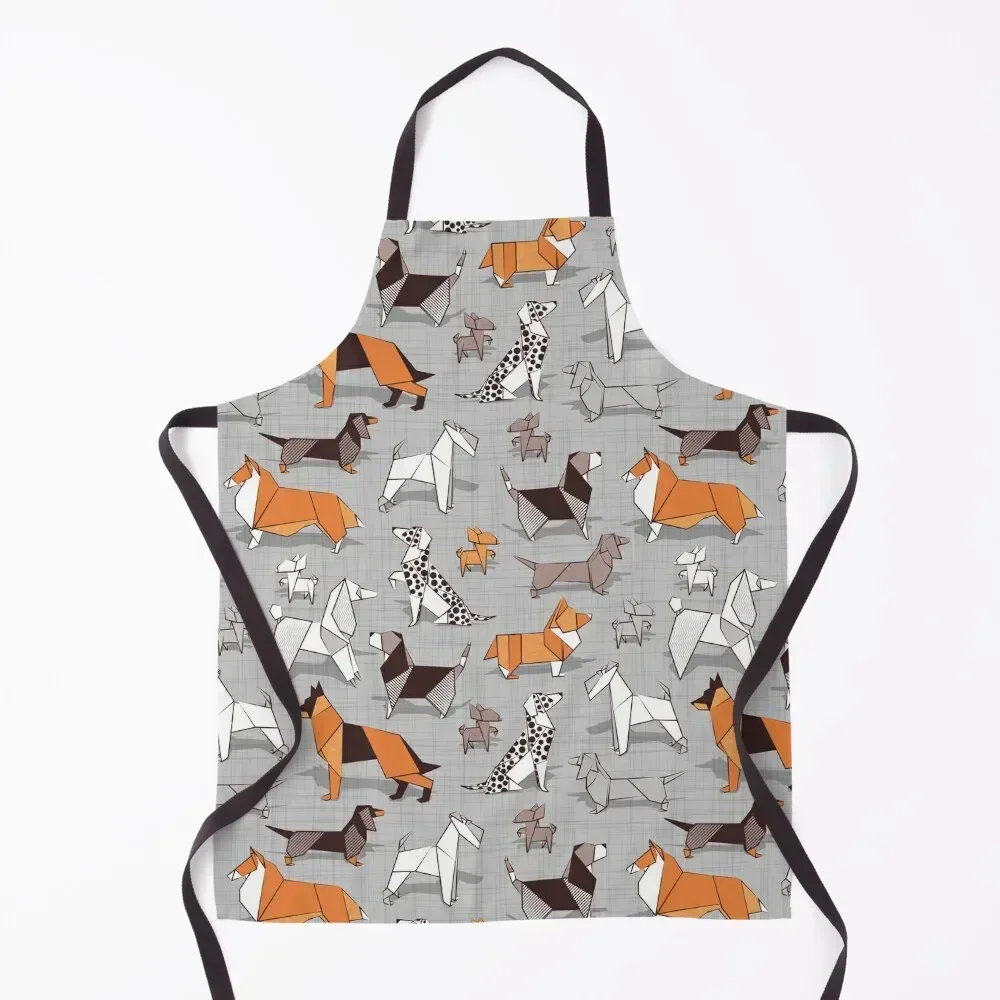 Origami doggie friends // grey linen texture background Apron Things For Home And Kitchen waterproof for women Art Apron