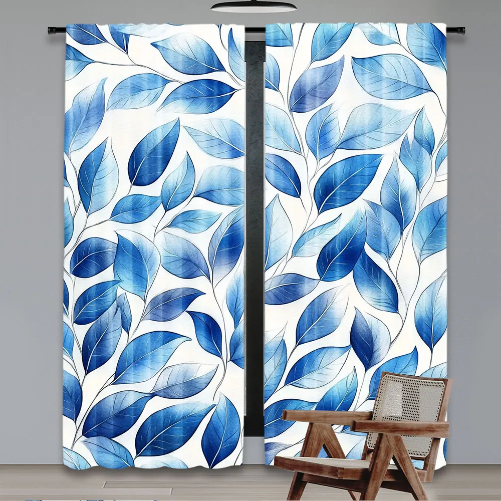 2Pcs Blue Leaf Curtain Leaf Print Botanical Design Modern Nature Concept Art Pattern Suitable For Bedroom Living Room