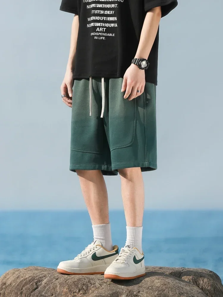 LIBIELIY 2024 New Heavy Cotton Summer Men's Shorts Gradient Color Sportswear Drawstring Men Short Sweatpants Loose Straight Cas