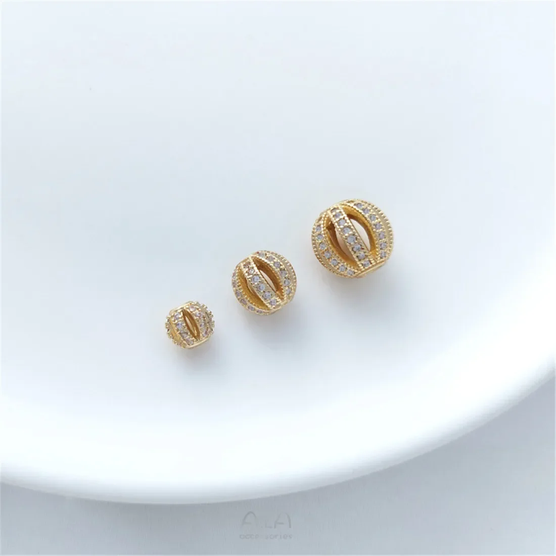 14K Gold-Color Pumpkin Beads Micro-inlaid Zircon Hollow Balls Watermelon Beads DIY Pearl Jewelry Diamond Ball Bead Accessories