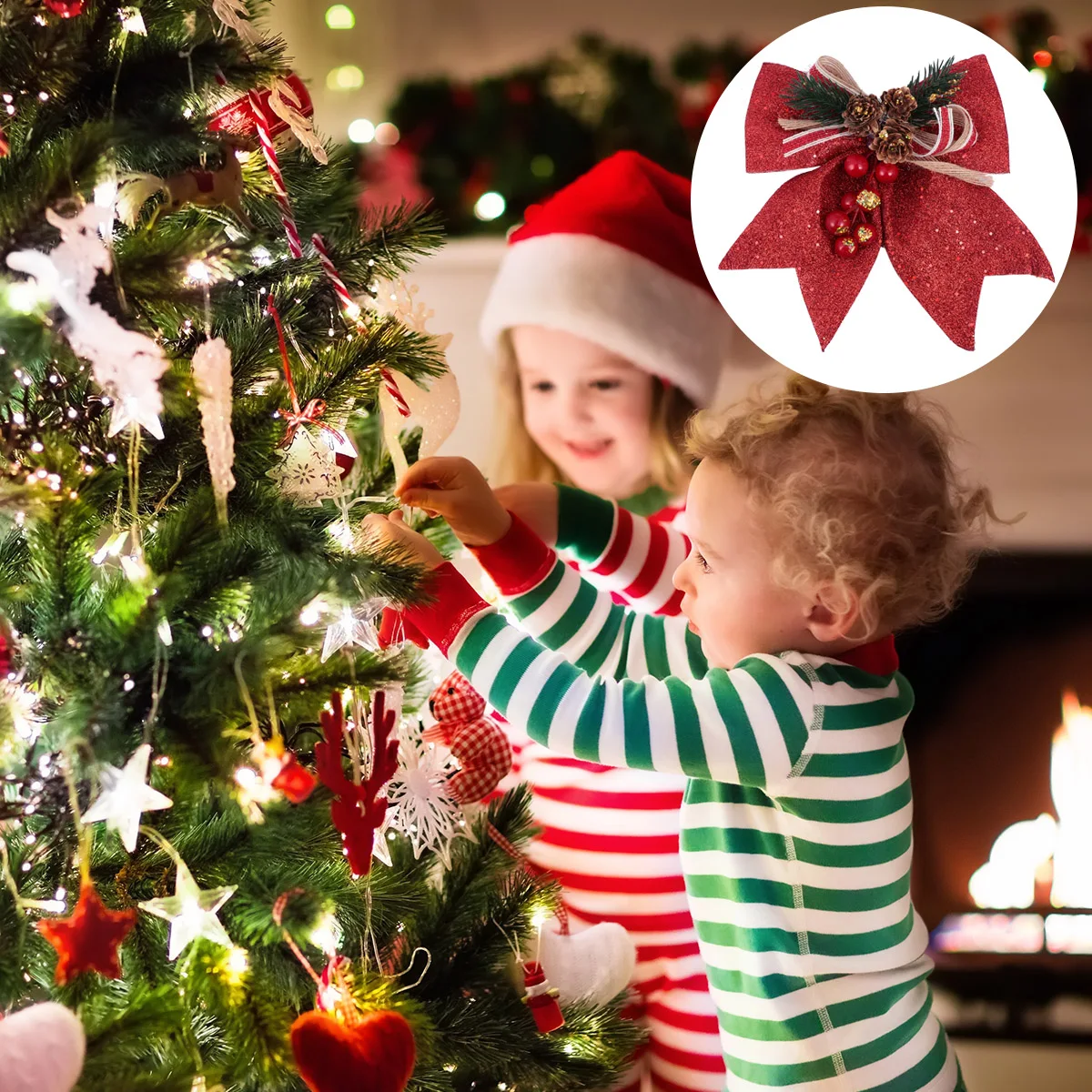 

4pcs Christmas Tree Hanging Ornaments Pine Cone Bows For Holiday Party Decoration Xmas Wreath Rattan Festive Supplies