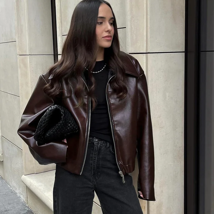 

Fashionable Loose Motorcycle PU Leather Jacket Women's Outwear Coat Long Style Thickened European Style Youth Fashion