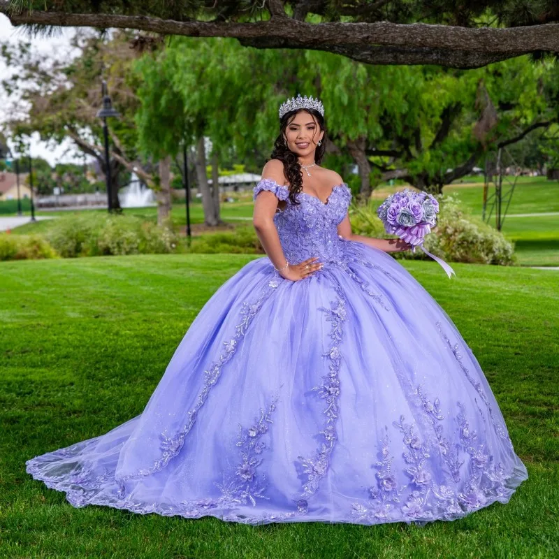 

Blue Shiny Off The Shoulder Dress Quinceanera Dress Ball Gown Applique Lace 3DFlower Princess Formal Dress Vestidos De 15 Anos