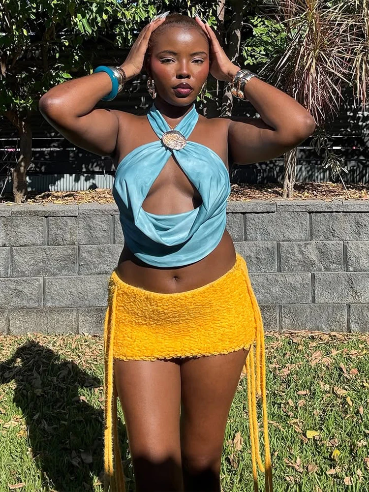 Insglas Solid Basic Furry Side Tassel Skirts Women Y2K Peach Hip Summer Sexy Wild Hipster Streetwear Skinny Slim Mini Bottom