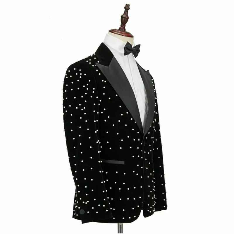 Men's Suits 2 Pieces Velvet Blazer Black Pants Single Breasted Satin Peaked Lapel Pearls Wedding Formal Custom Made Plus Size