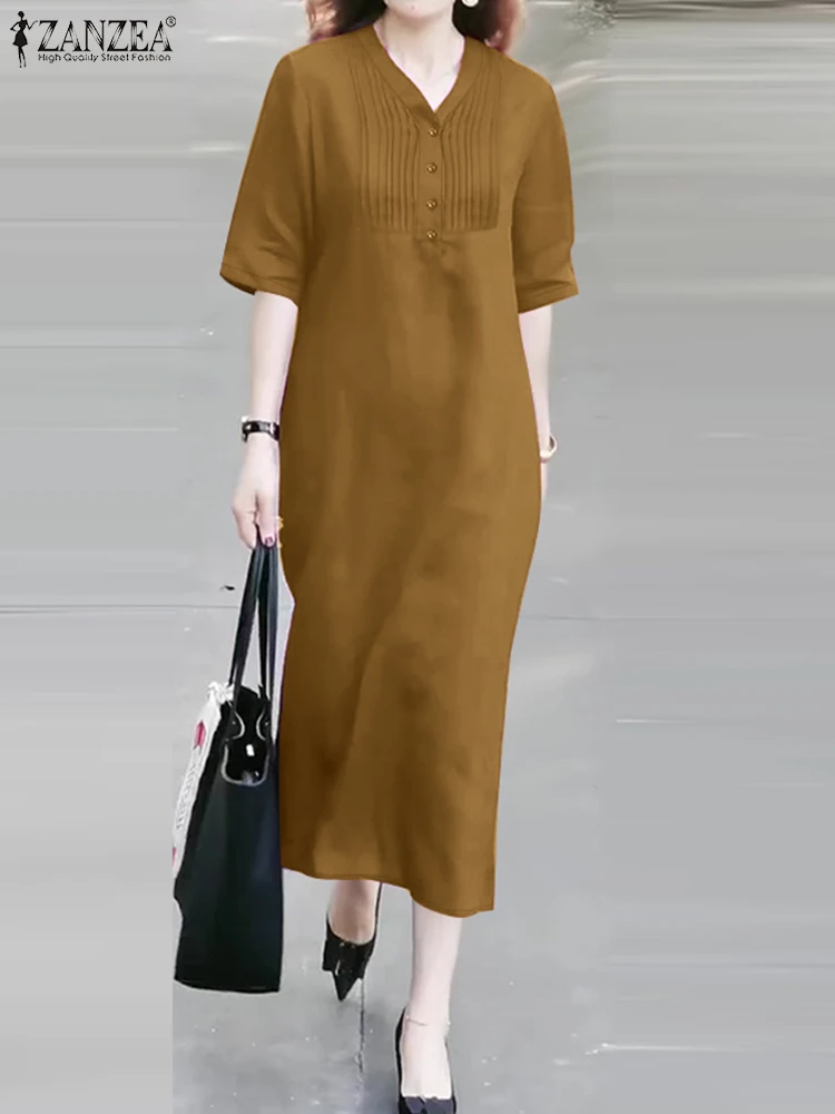 

Summer Vintage Short Sleeve Sundress 2025 ZANZEA Women Fashion V Neck Solid Pleated Dress Midi Robe Casual Work Vestido Oversize