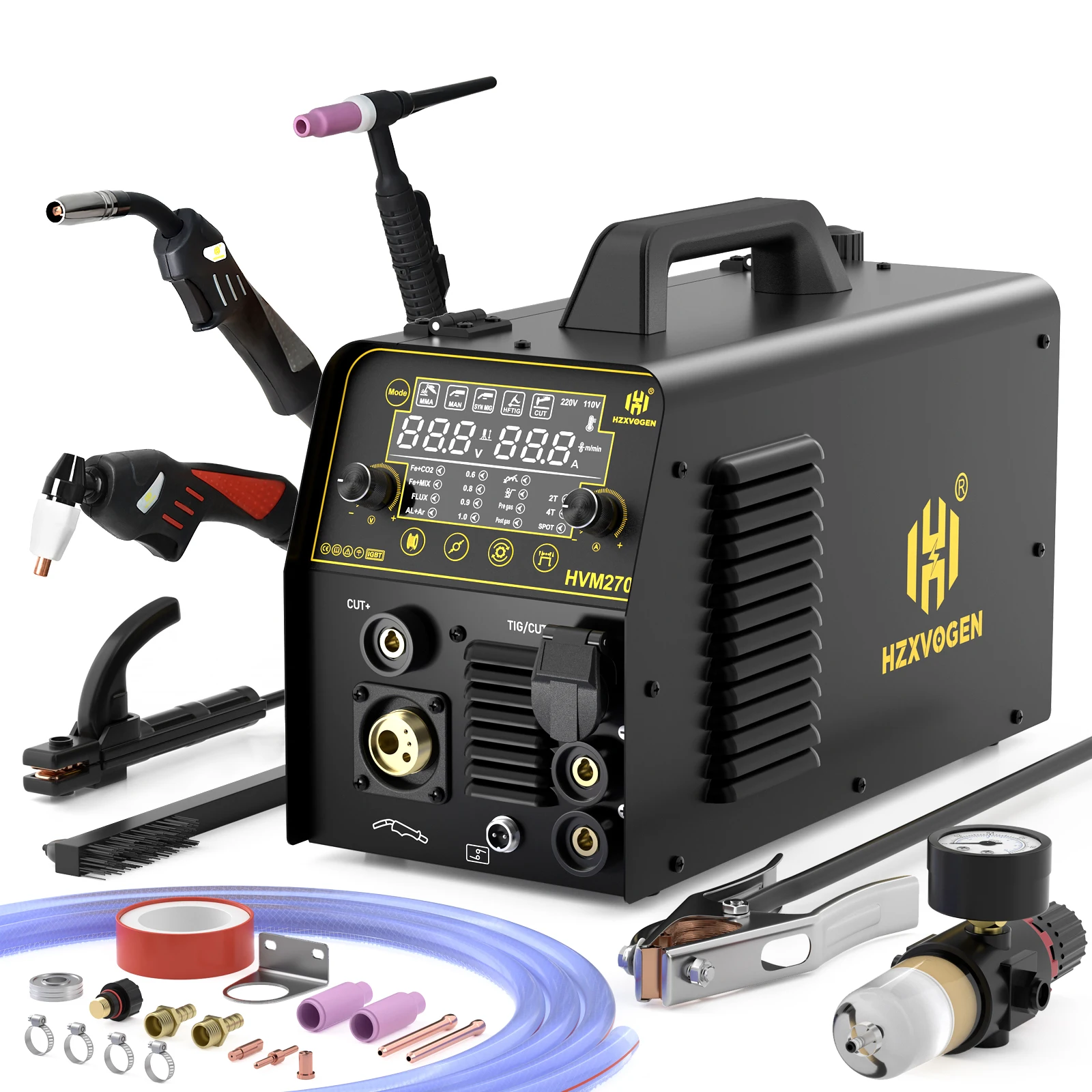 

HZXVOGEN HVM270 6 in 1 Aluminum Welding Machine Gas MIG/Gasless MIG/HF TIG/Stick/Spot/CUT 2T 4T Multi-Process Inverter Welder