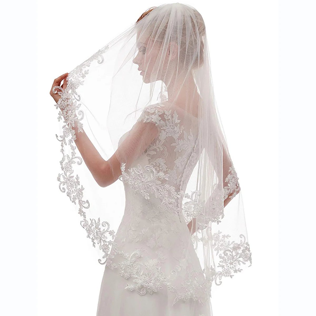 

Wedding Bridal Veil 2 Tier Flower Lace Applique Edge Fingertip Length Tulle Veil with Comb for Bride