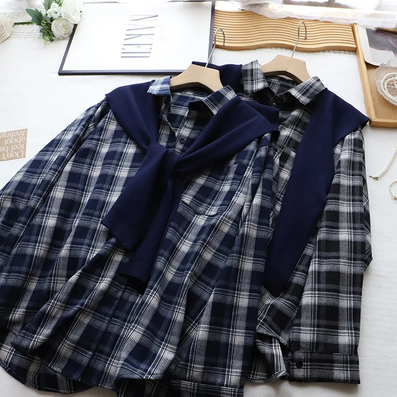 Faionable gola de furador de malha xadrez Floing Long Sve irt feminino outono inverno novo Sle versátil comprimento médio irt...