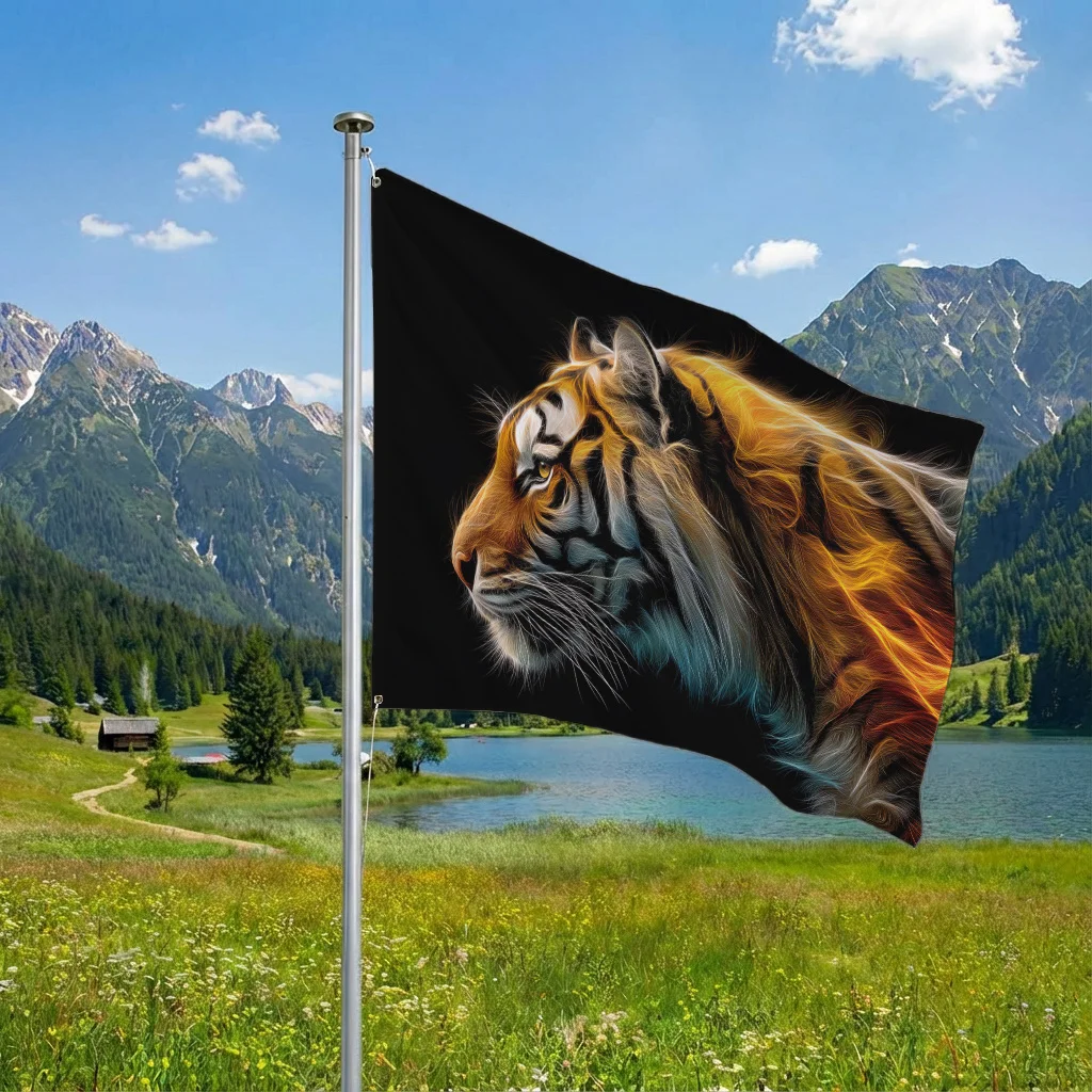 1pc Stylized Fractal Tiger Flag Glowing Fiery Orange Yellow Red Gradient with Blue White Accents, Bold Stripes