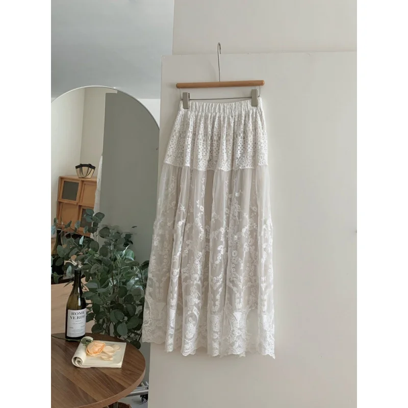 French Rixo Private Beloved French Style White Lace High Waist A-Line Long Skirt Women